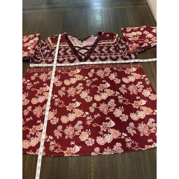 Signature Studio Burgundy Top Floral Velvet Trim 3/4 Sleeve Boho Peasant Size 2X - Picture 7 of 9